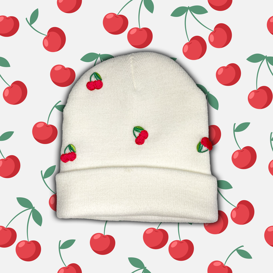 White - Fancy Cherry Beanie